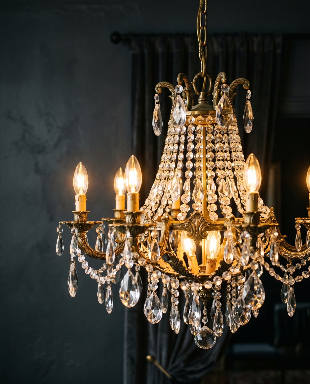 Crystal and aged brass chandelier from the lighting catalog