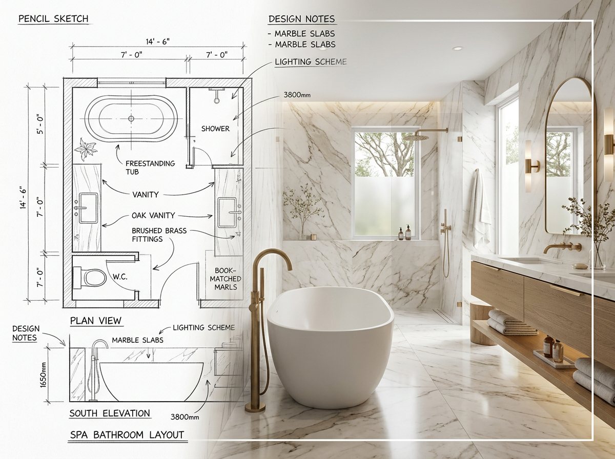 Custom kitchen and bath, from design drawing to finished render
