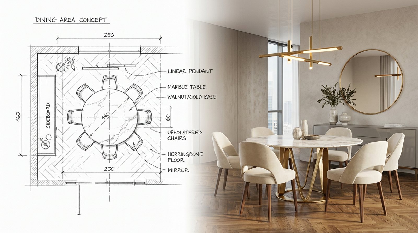 Custom interior design concept, from design drawing to finished render