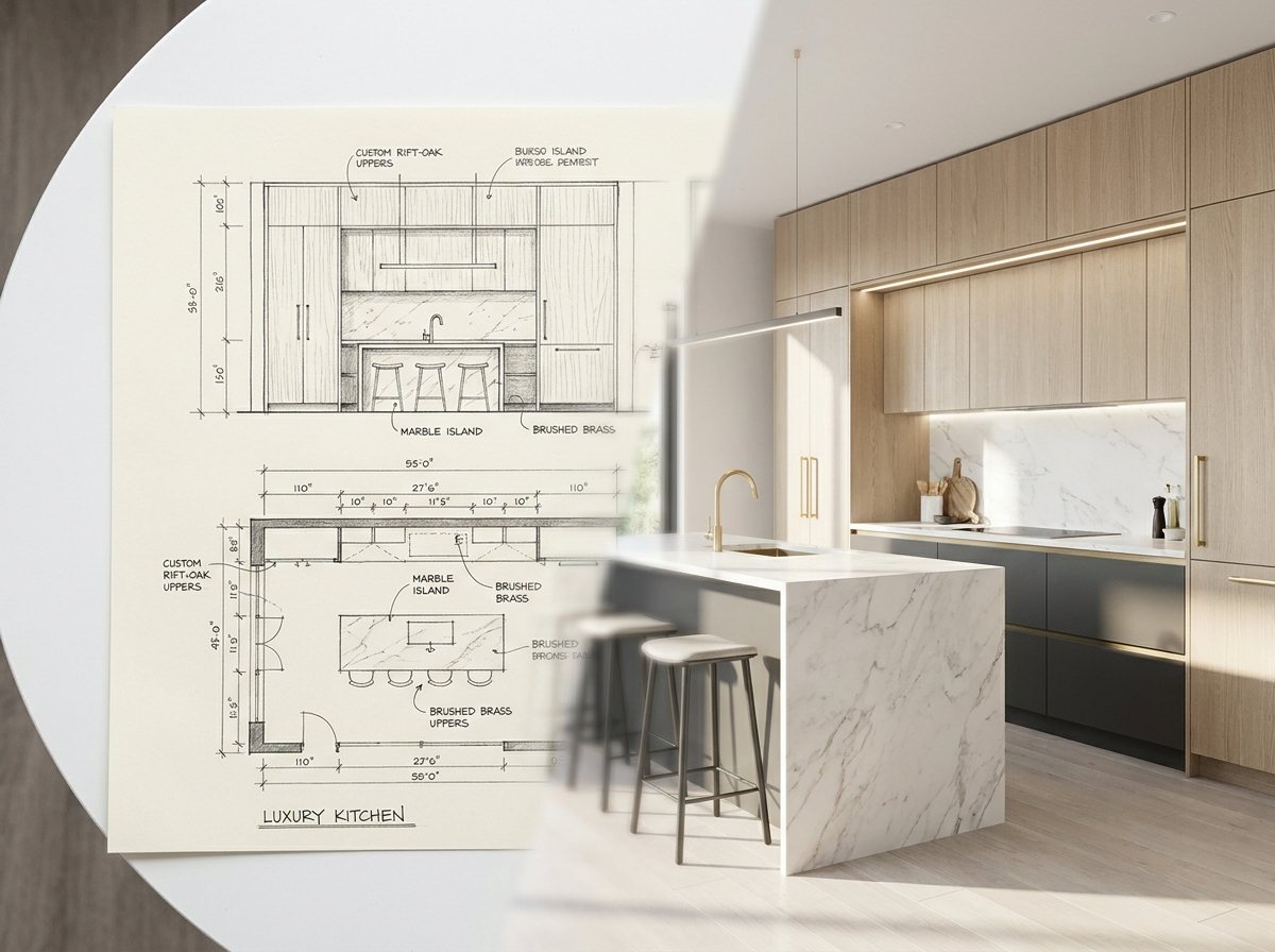 Custom kitchen, design drawing to finished render