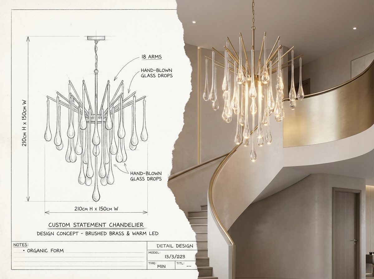 Custom chandelier, design drawing to finished render