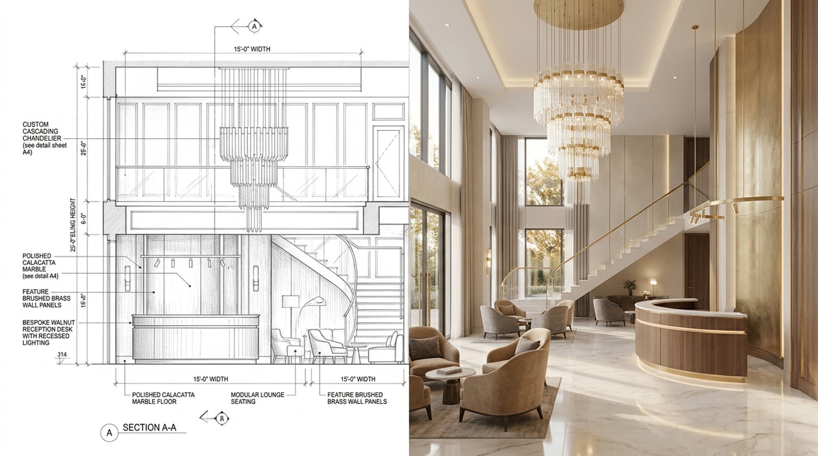 Custom hotel and event-hall lobby, from design drawing to finished render