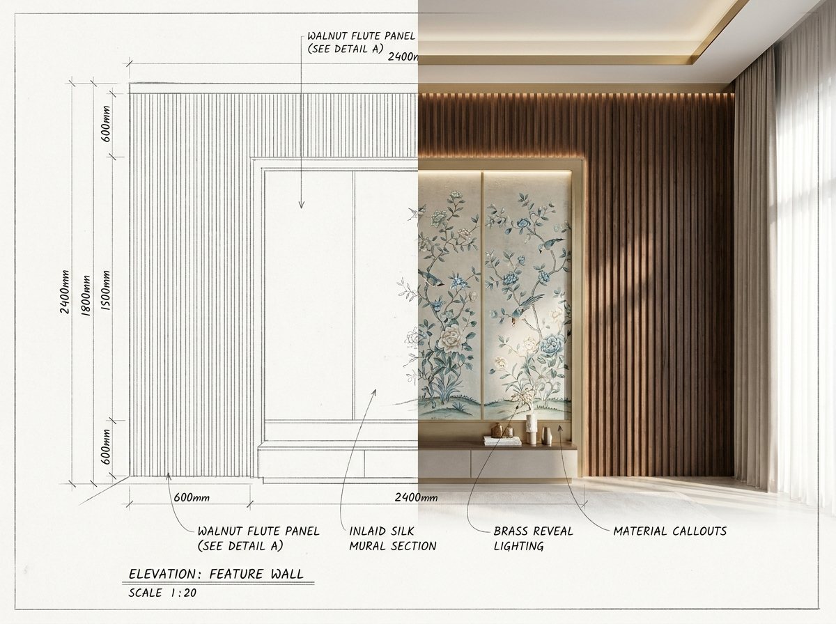 Custom wall covering and millwork, from design drawing to finished render