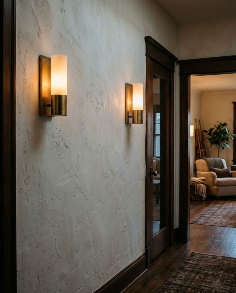 Brass wall sconces with frosted glass