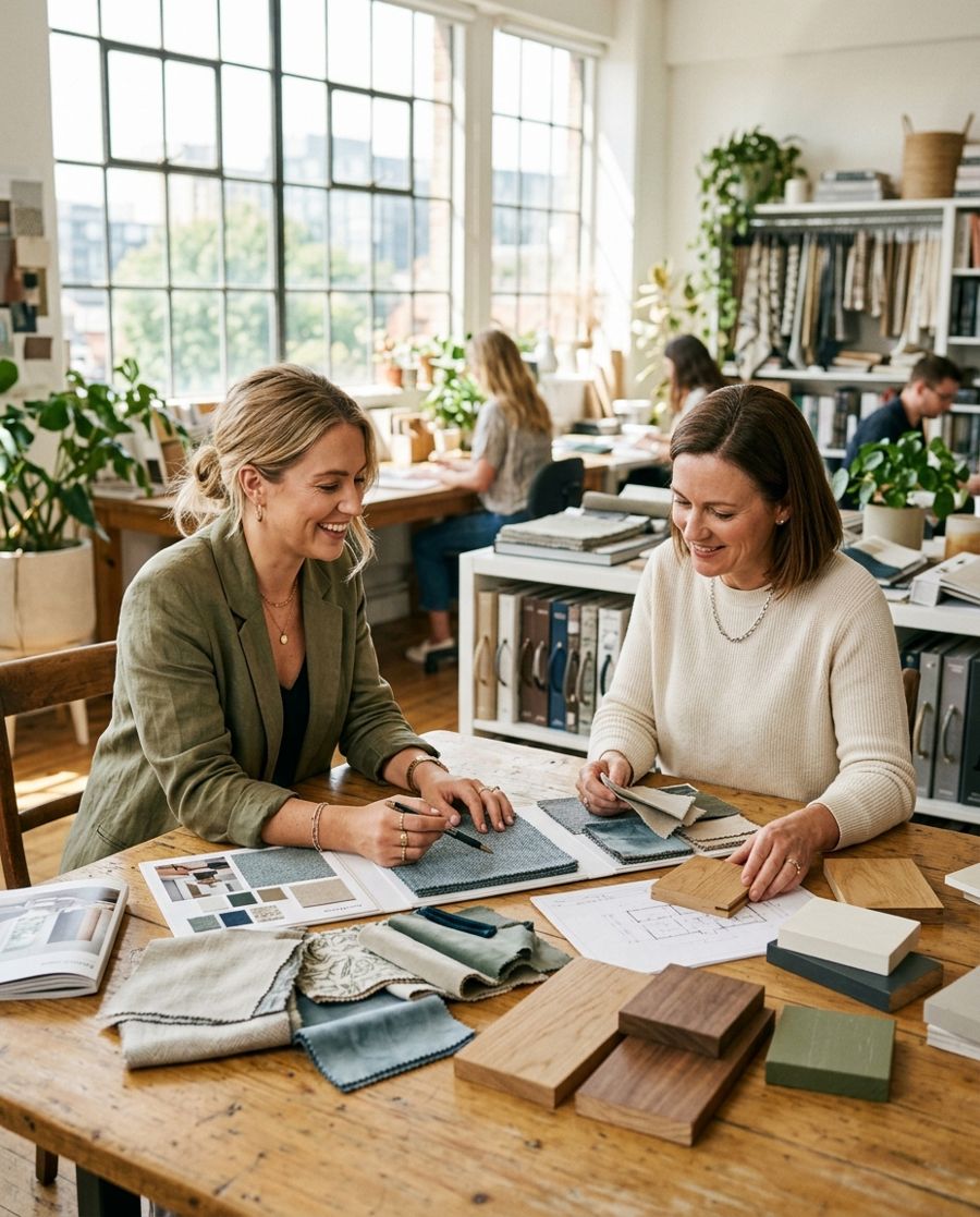 Designer reviewing material samples with a client
