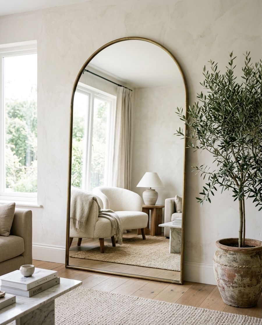 Oversized arched mirror styled in an interior