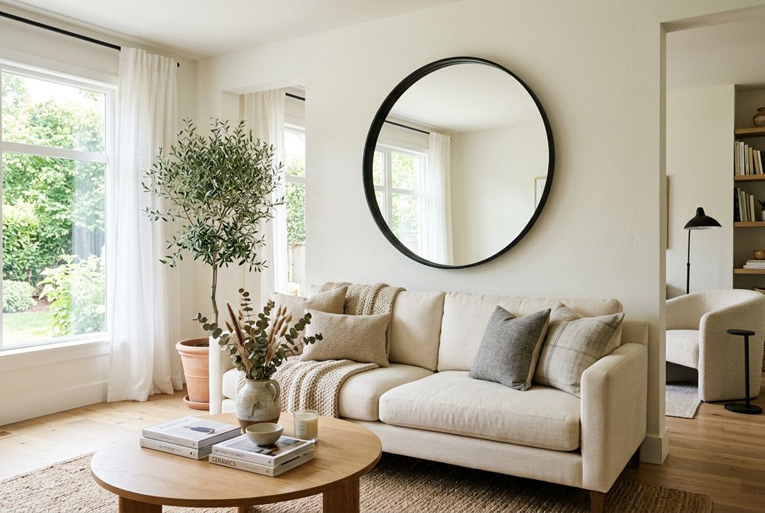 Statement mirror beside a sofa, shipped nationwide